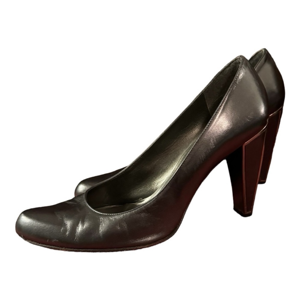 Stuart Weitzman Black Leather Pumps with Silver Accent Block Heel, Size 9 - Picture 5 of 12